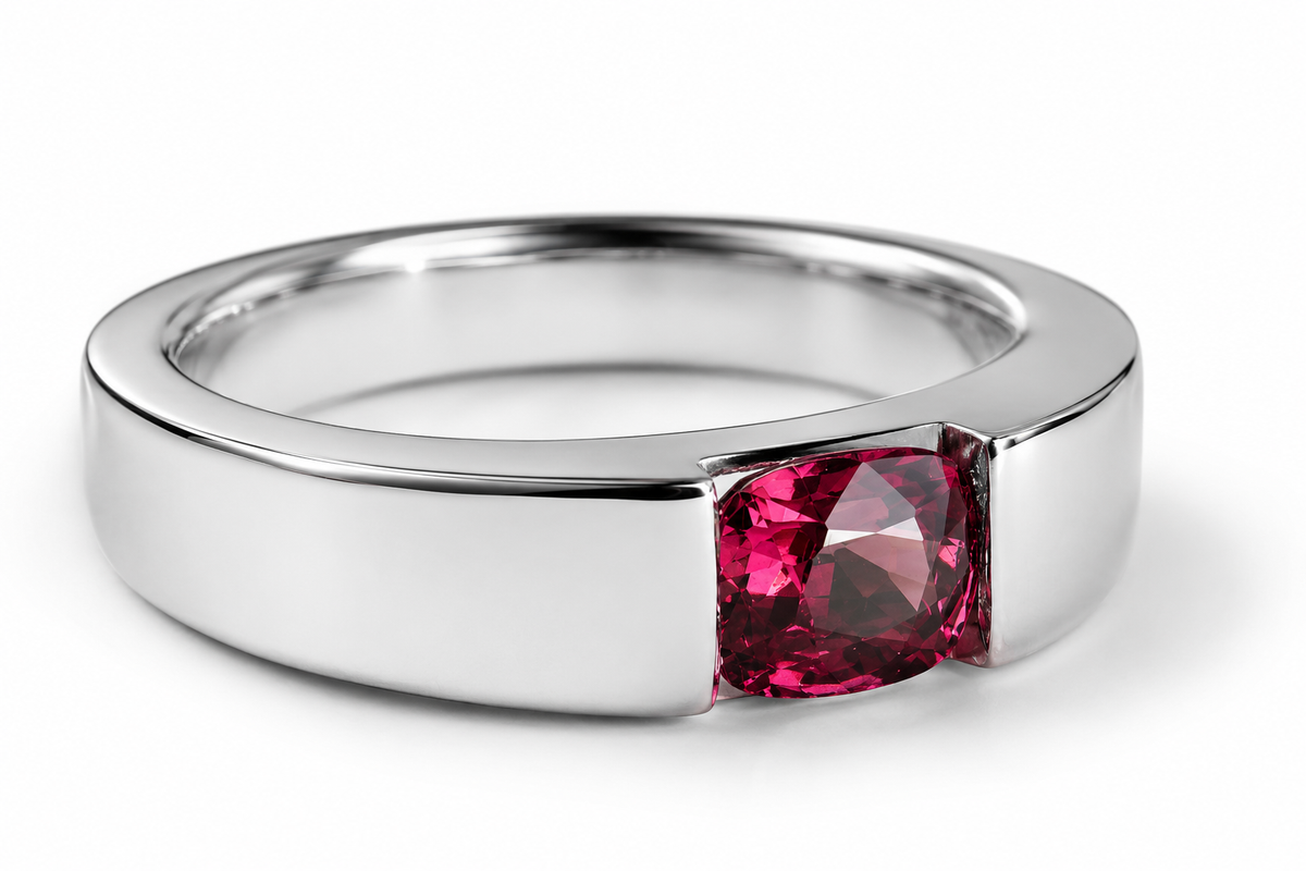 A vivid red gemstone set in a contemporary ring