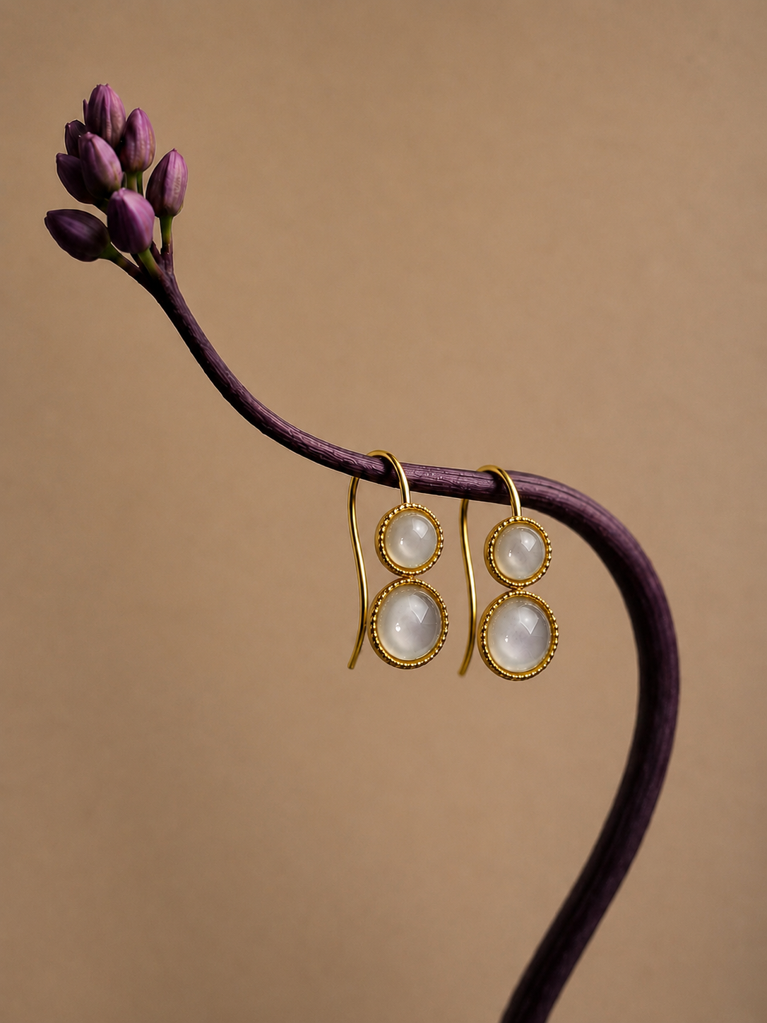 Celestial Dew Drops white jade earrings in 18K yellow gold by AurumVitaSG